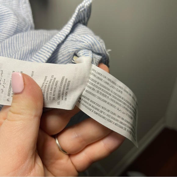 Abercombie & Fitch men blue fine striped nautical 100% linen button down shirt M - Picture 5 of 6